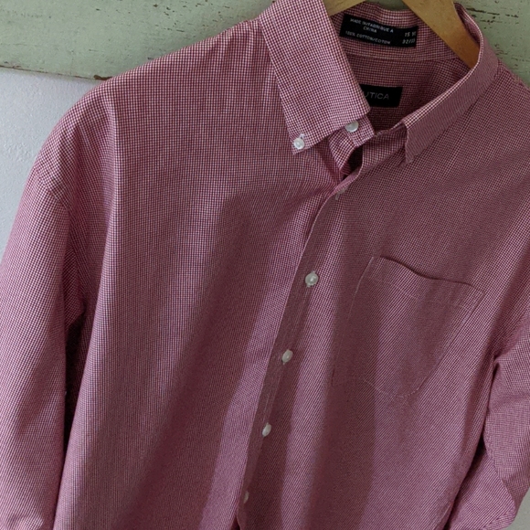 NAUTICA I Red Cotton Mini-Check Button-Down Dress Shirt, 15.5-32/33 - Picture 5 of 12